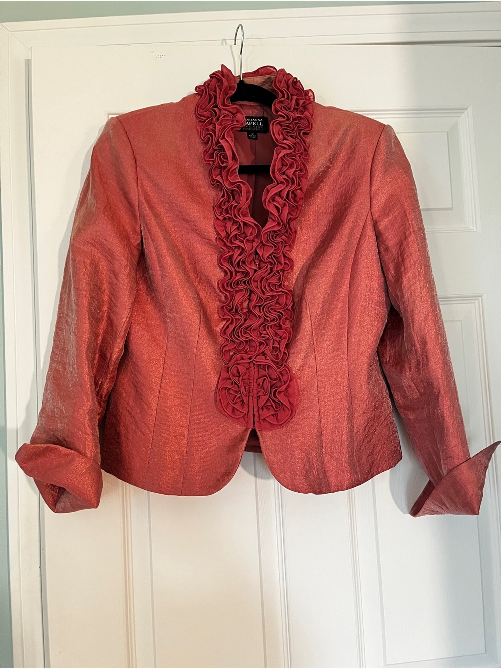Adrianna Papell coral pink Ruffle-Trim Satin Blazer